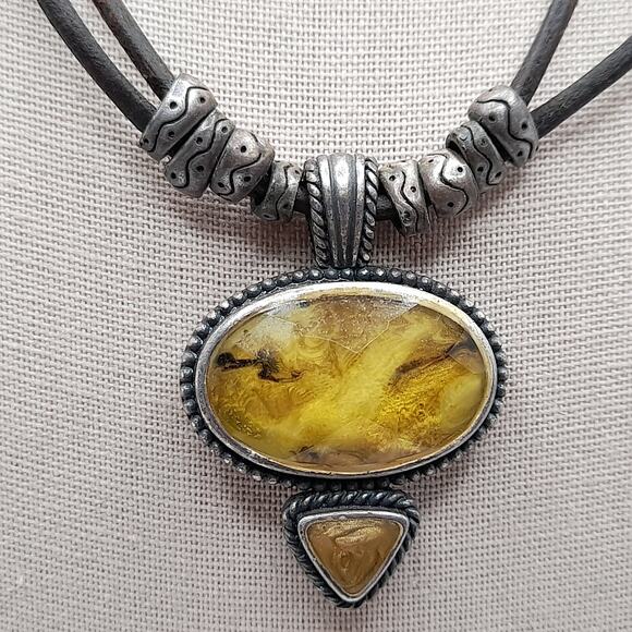 Vintage Jewelry - Vintage Chico's Yellow Glass Pendant Necklace - Brown Leather Cords - 20 Inches